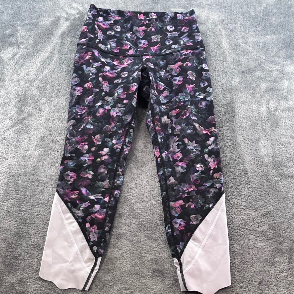 Lululemon Floral Crop Leggings Scalloped Mesh Hem Size 6 Multicolor High Rise